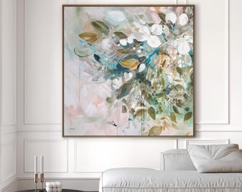 Impresión de pintura de flores silvestres, arte mural en lienzo de prado, pintura al óleo de flores, decoración de pared floral en tonos pastel claros, arte mural impresionista de naturaleza