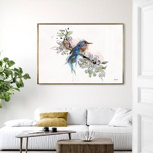 Bird Canvas Art, Large Canvas Print, Original Watercolor Painting, Blue Bird Wall Art, Large Painting for Living Room, Kingfisher Wall Art