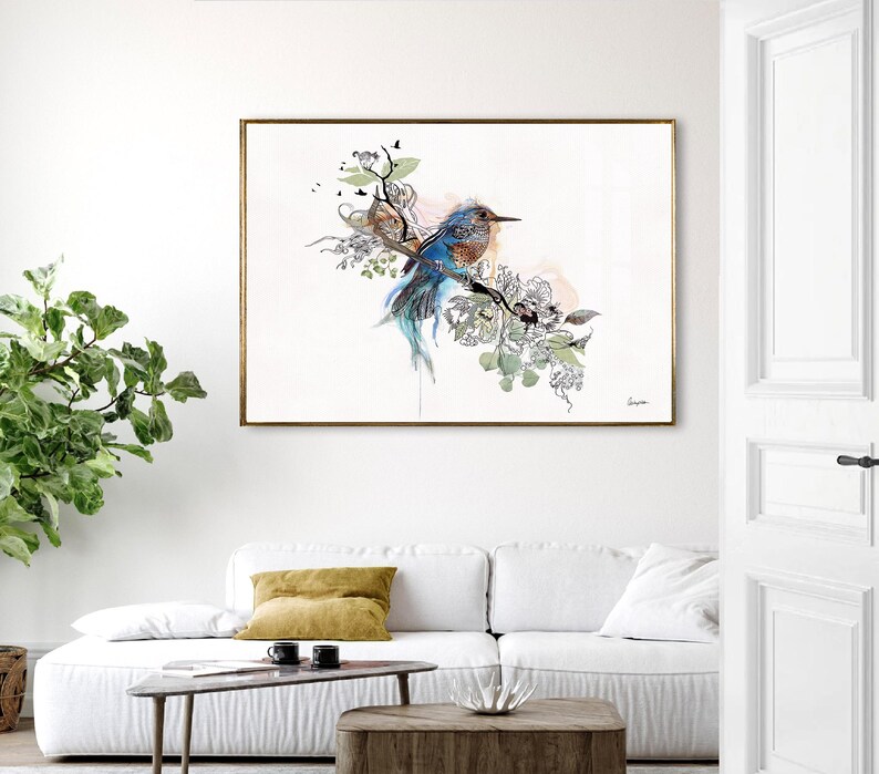 Bird Canvas Art, Large Canvas Print, Original Watercolor Painting, Blue Bird Wall Art, Large Painting for Living Room, Kingfisher Wall Art