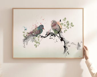 Sztuka ptaków miłości, Sztuka piórkiem i tuszem, Ilustracja ptaków, Malowanie ptaków miłości, Kolorowe dzieła sztuki ptaków, Minimalistyczna sztuka ptaków
