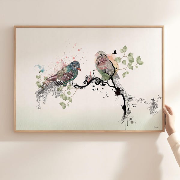 Arte de pájaros enamorados, arte a pluma y tinta, ilustración de pájaros, pintura de pájaros enamorados, obra de arte de pájaros coloridos, arte minimalista de pájaros