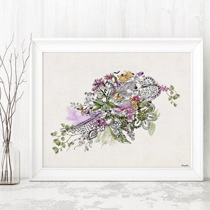 A framed print of a watercolor and ink illustration of a floral bouquet with butterflies and leaves in shades of green, pink, purple, and yellow on a white background.