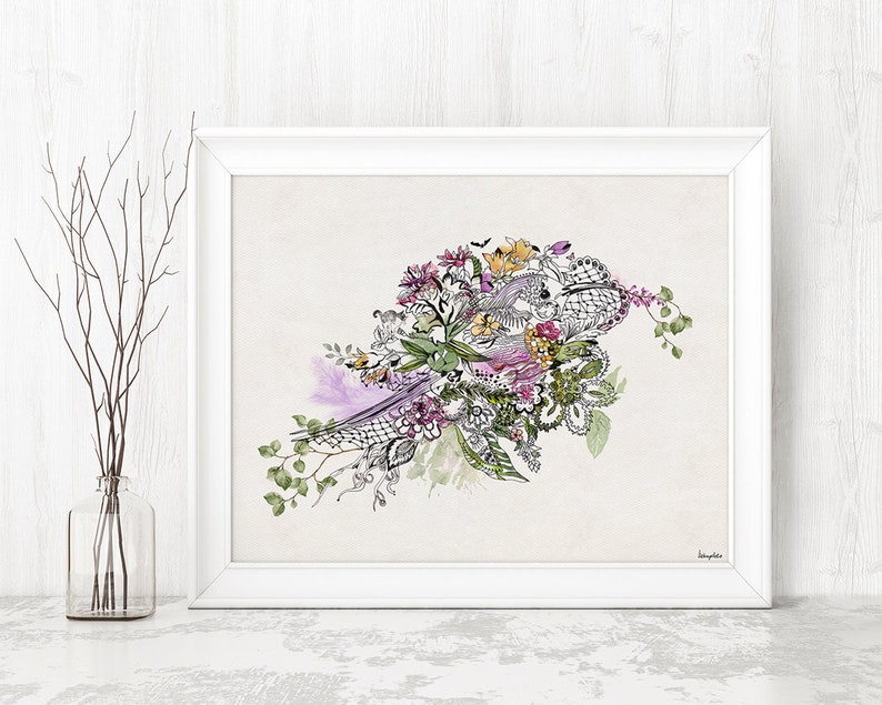 A framed print of a watercolor and ink illustration of a floral bouquet with butterflies and leaves in shades of green, pink, purple, and yellow on a white background.