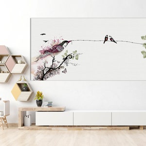 A watercolor painting of a bird perched on a branch with two other birds on a wire above. The painting is in shades of pink, green, and black. The background is white.