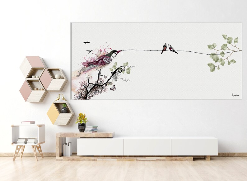 A watercolor painting of a bird perched on a branch with two other birds on a wire above. The painting is in shades of pink, green, and black. The background is white.