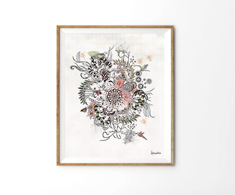 A framed print with a white background and a black and white floral design with pink accents. The design features a large flower in the center surrounded by smaller flowers and leaves. The print is signed 'Daphne' in the bottom right corner.