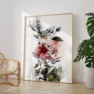 Flower Watercolor Painting, Red Flower Art Print, Rose Painting, Watercolor Flower Art, Flowers Watercolour Painting, Modern Flower Wall Art image 3