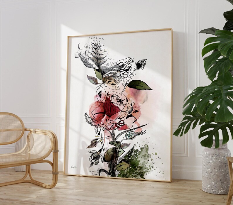 Flower Watercolor Painting, Red Flower Art Print, Rose Painting, Watercolor Flower Art, Flowers Watercolour Painting, Modern Flower Wall Art image 3