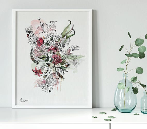 抽象的な花のイラスト、花の水彩画、ミニマリストなインクの植物画