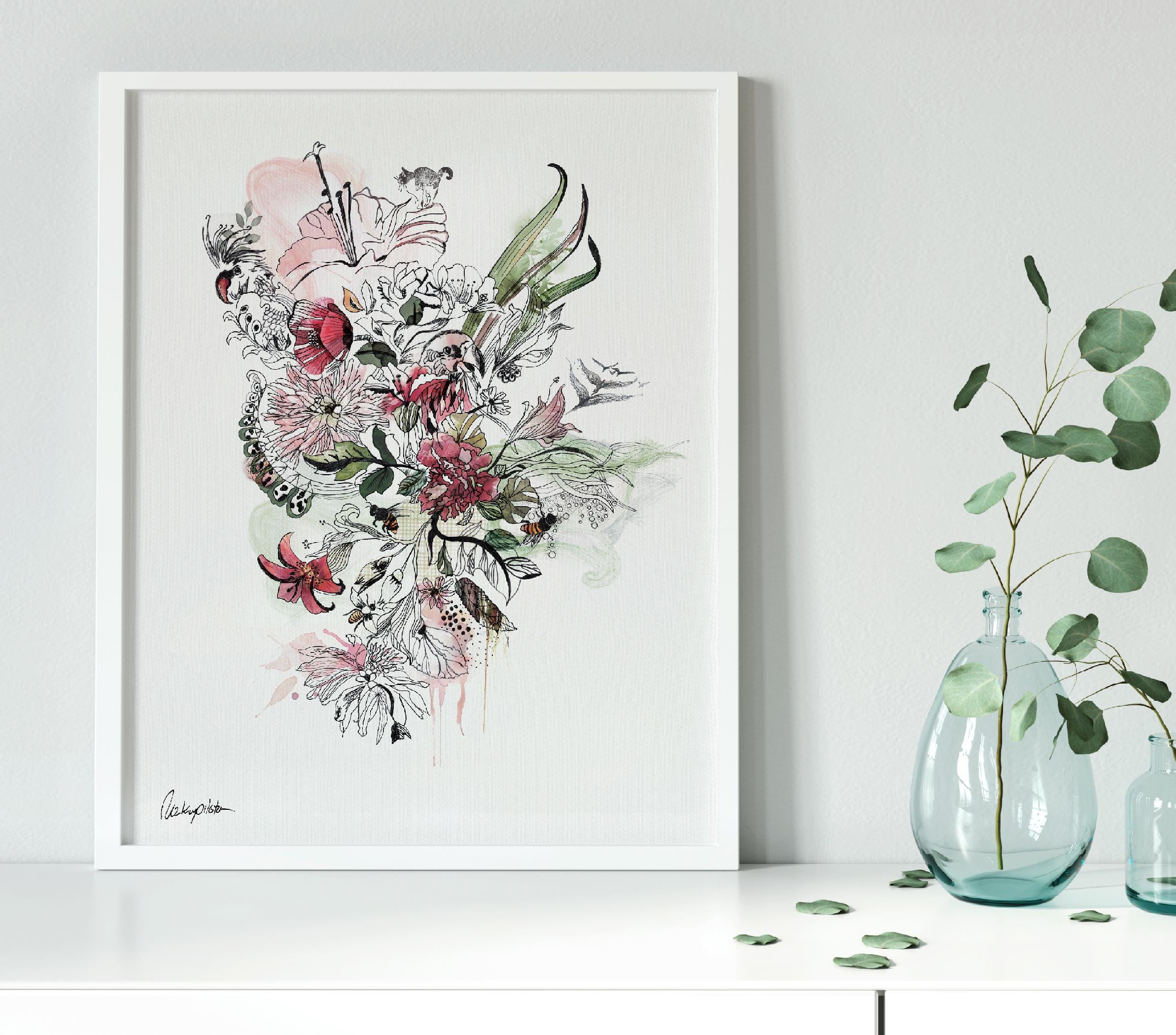 抽象的な花のイラスト、花の水彩画、ミニマリストなインクの植物画