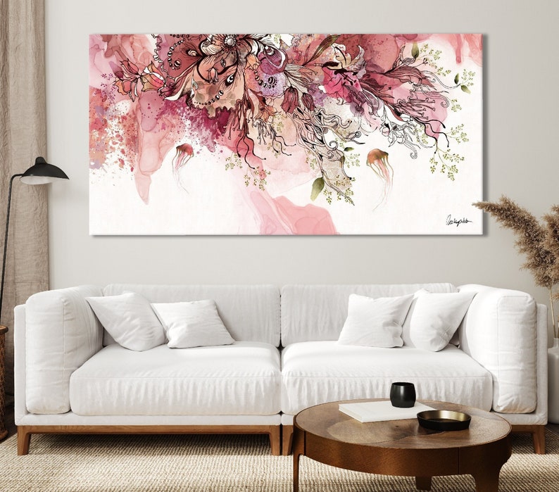 large abstract painting with colors of pink, red, green and black