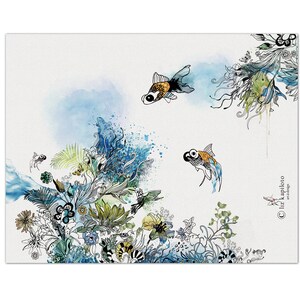 Watercolor painting of a whimsical underwater scene with two goldfish, a hummingbird, and a variety of flowers and plants. The background is a light blue watercolor wash.