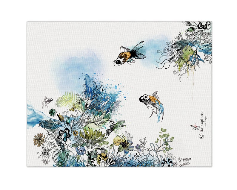 Watercolor painting of a whimsical underwater scene with two goldfish, a hummingbird, and a variety of flowers and plants. The background is a light blue watercolor wash.