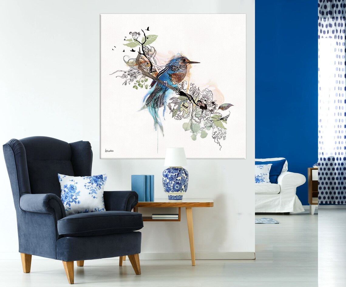 Large Blue Bird Painting Extra Large Print Blue Wall Art | Etsy
