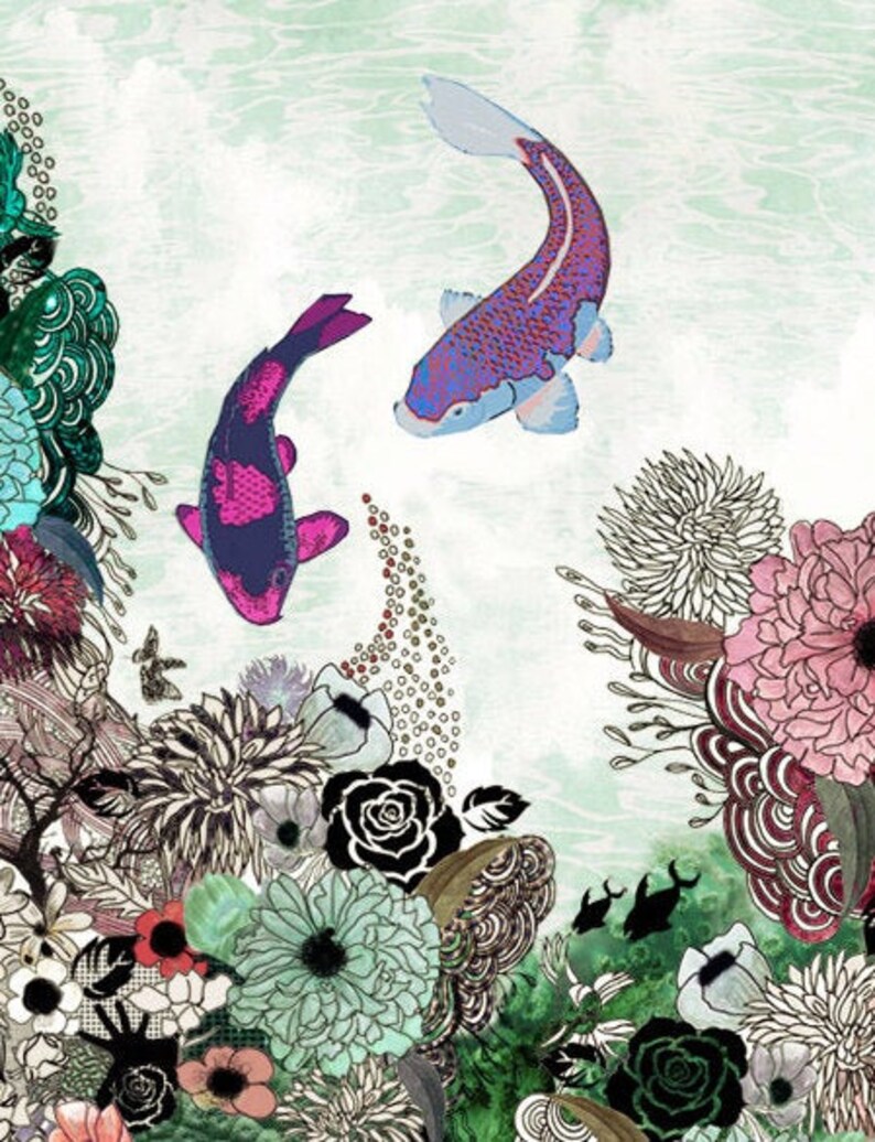 A digital illustration of two purple and pink koi fish swimming in a pond with a green background. The pond is surrounded by a variety of flowers and plants in shades of green, pink, white, and black.