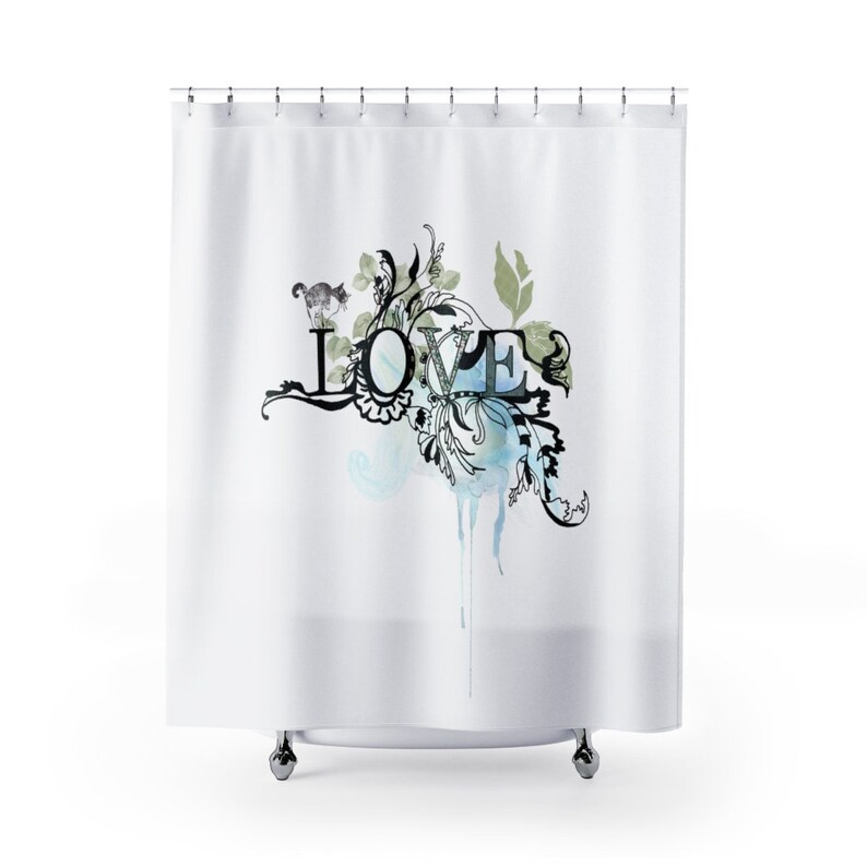 Blue Love Shower Curtain, Blue Leaves Shower Curtain image 1
