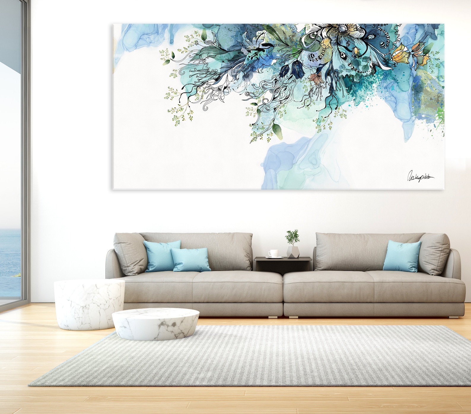 Turquoise Abstract Art, Large Abstract Wall Art, Framed Wall Art Canvas