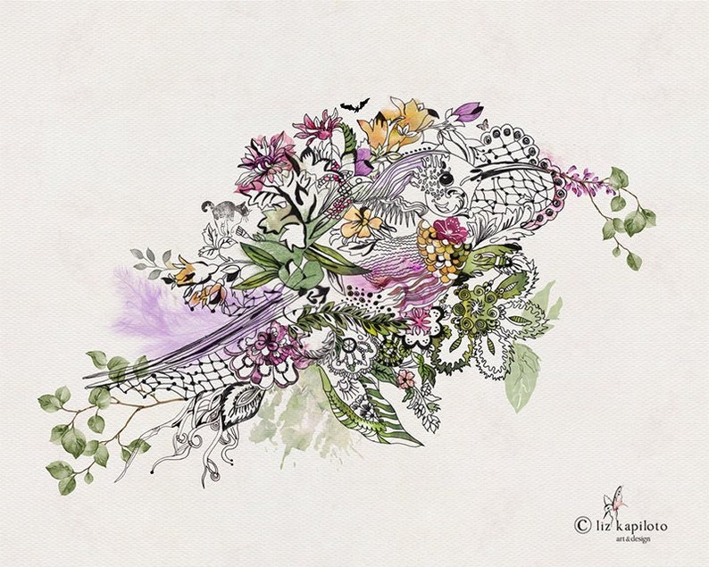 A black and white illustration of a floral bouquet with a purple and pink watercolor wash. The bouquet includes flowers, leaves, and vines. The illustration is signed '© liz kapilotot art & design' in the bottom right corner.