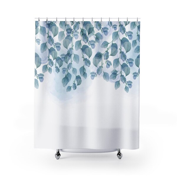 Blue Leaves Shower Curtain: Boho Watercolor Art Bathroom Decor