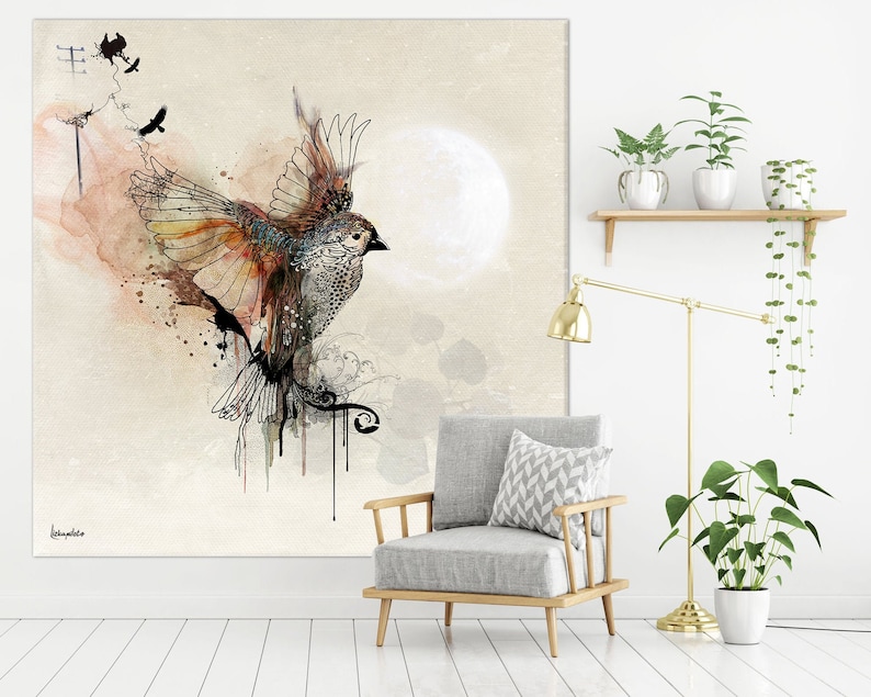 Large Wall Art, Modern Watercolor Painting, Extra Large Canvas Art, Large Bird Painting, Modern Wall Art, Living Room Wall Art, Canvas Print image 1