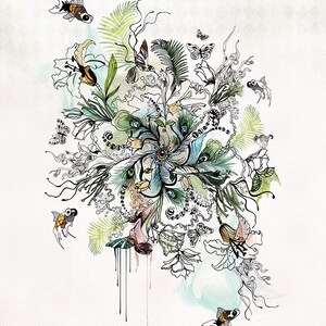 A watercolor painting of a swirling floral design with green, blue, and brown colors. Goldfish and butterflies are scattered throughout the design. The painting is signed "Liz Kapilotot Art & Design".