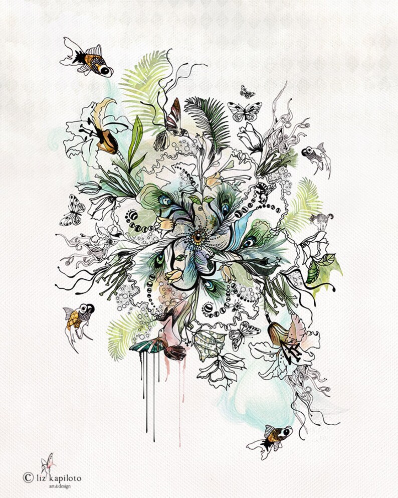 A watercolor painting of a swirling floral design with green, blue, and brown colors. Goldfish and butterflies are scattered throughout the design. The painting is signed "Liz Kapilotot Art & Design".
