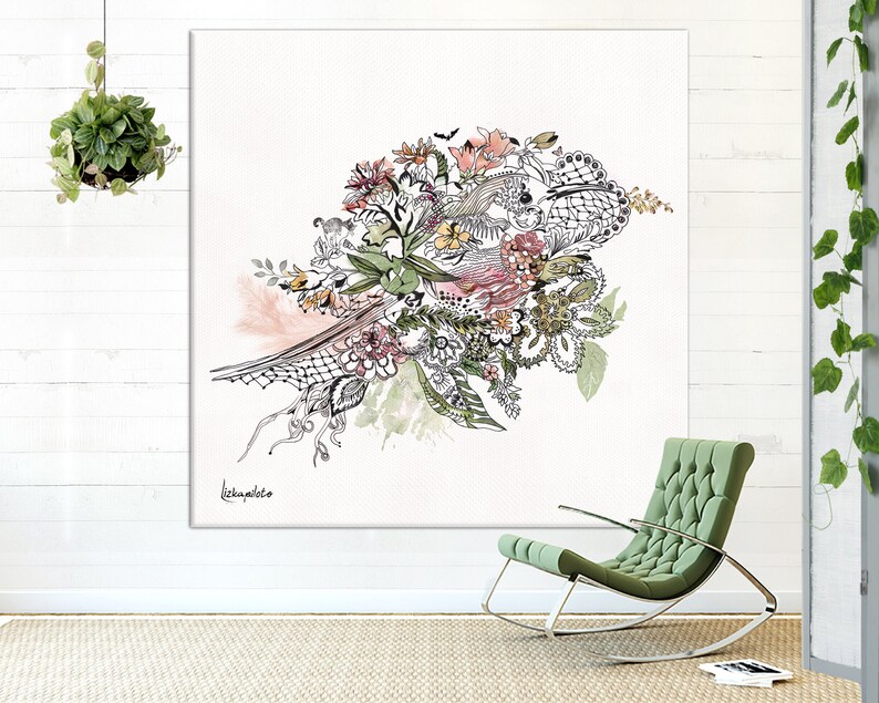 May include: A black and white abstract floral illustration with pink, green, and yellow accents. The illustration is on a white background and has a delicate, whimsical feel.