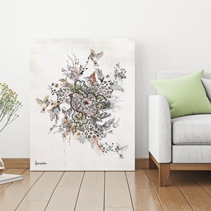 A black and white floral illustration with a red center and a few small birds in flight. The illustration is on a white canvas with a light gray background. The canvas is leaning against a white wall. The word 'remarkable' is written in black at the bottom of the canvas.