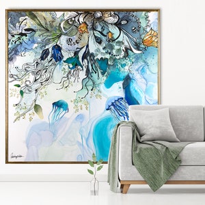 Abstract watercolor painting with a blue, green, and gold color scheme. The painting features a variety of organic shapes and lines, including jellyfish, flowers, and leaves. The painting is framed in a gold frame.