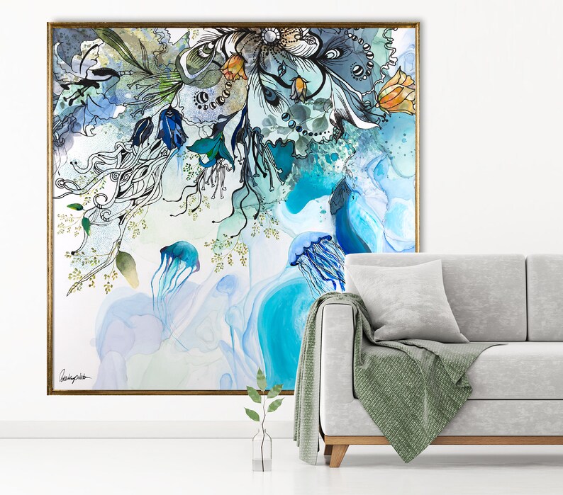 Abstract watercolor painting with a blue, green, and gold color scheme. The painting features a variety of organic shapes and lines, including jellyfish, flowers, and leaves. The painting is framed in a gold frame.