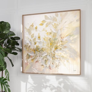 Gold Leaves Wall Art, Large Abstract Painting, Light Yellow Beige Pastel Wall Art, Modern Relaxing Wall Decor, Landscape Contemporary Art