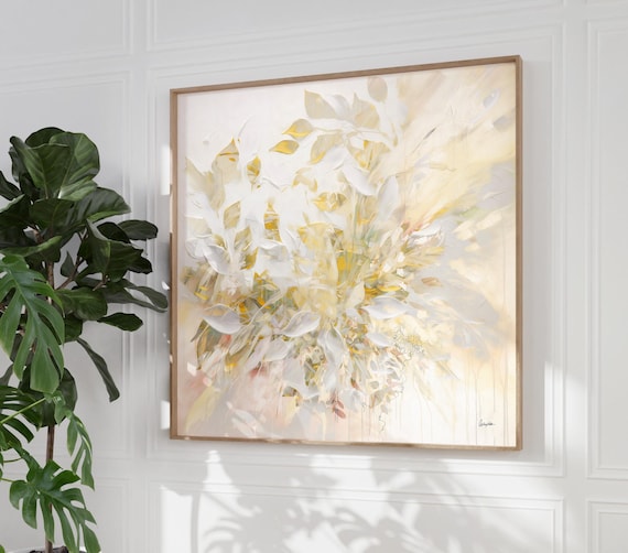 Gold Leaves Wall Art, Large Abstract Painting, Light Yellow Beige Pastel Wall Art, Modern Relaxing Wall Decor, Landscape Contemporary Art