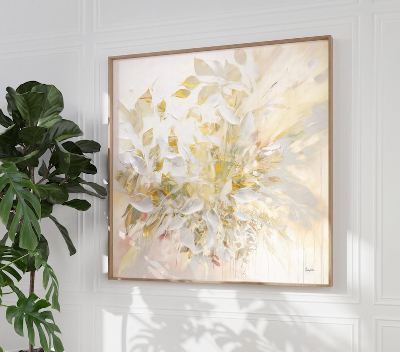 Gold Leaves Wall Art, Large Abstract Painting, Light Yellow Beige Pastel Wall Art, Modern Relaxing Wall Decor, Landscape Contemporary Art