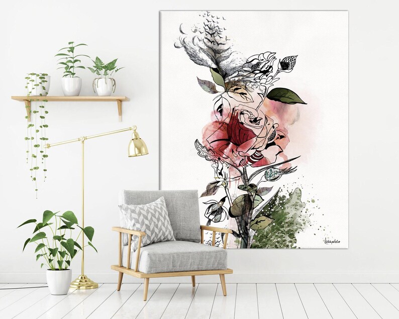 Large Wall Art, Red Flower Painting, Large Watercolor Art, Canvas Art Print, Large Colorful Painting, Living Room Wall Art, Red Rose Art
