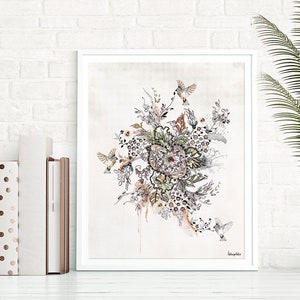 A framed print of a botanical illustration with a white background. The illustration features a cluster of flowers, leaves, and vines in shades of gray, brown, and green. There are also small birds in flight throughout the illustration. The artist's signature is visible in the bottom right corner of the print.