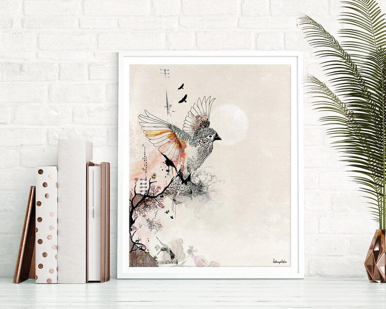 A black and white illustration of a bird with a detailed design, flying with its wings spread. The bird is surrounded by a watercolor background with pink and orange accents. The image is framed in a white frame.