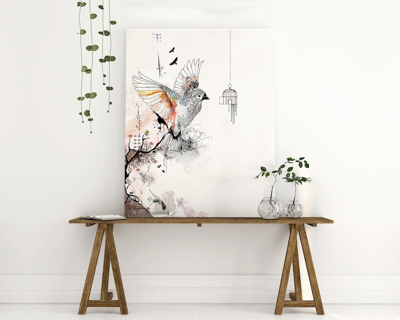 Prints illustrations, Bird cage art, Living Room Art, Bird art drawing, Orange and gray image 10