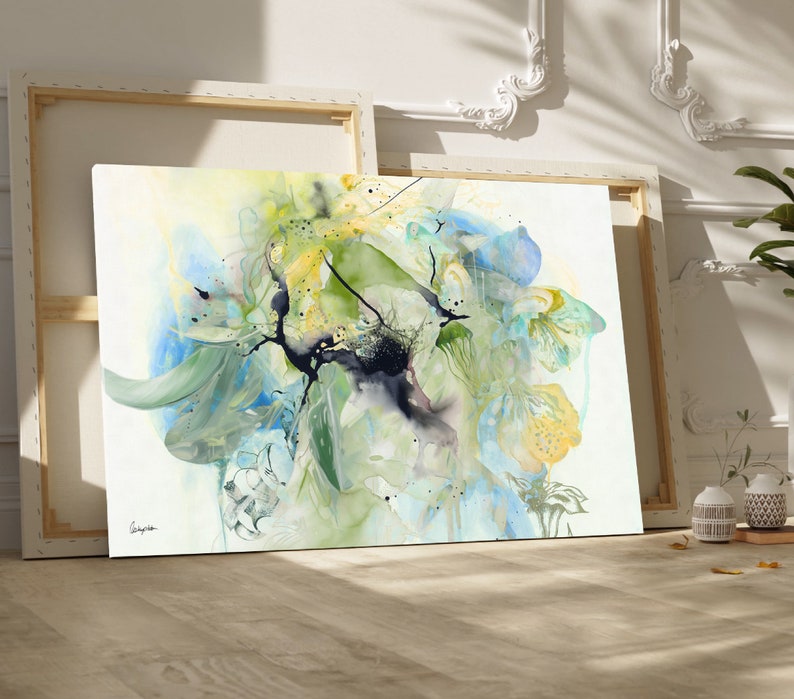 Abstract watercolor painting with shades of blue, green, and yellow. The painting features a large, central flower-like shape with swirling, organic lines and shapes.
