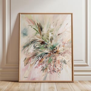 Nature Wall Art Canvas, Soft Colors Oil Painting, Botanical Floral Wall Decor, Large Modern Artwork for Living Room, Pink Japandi Art Print
