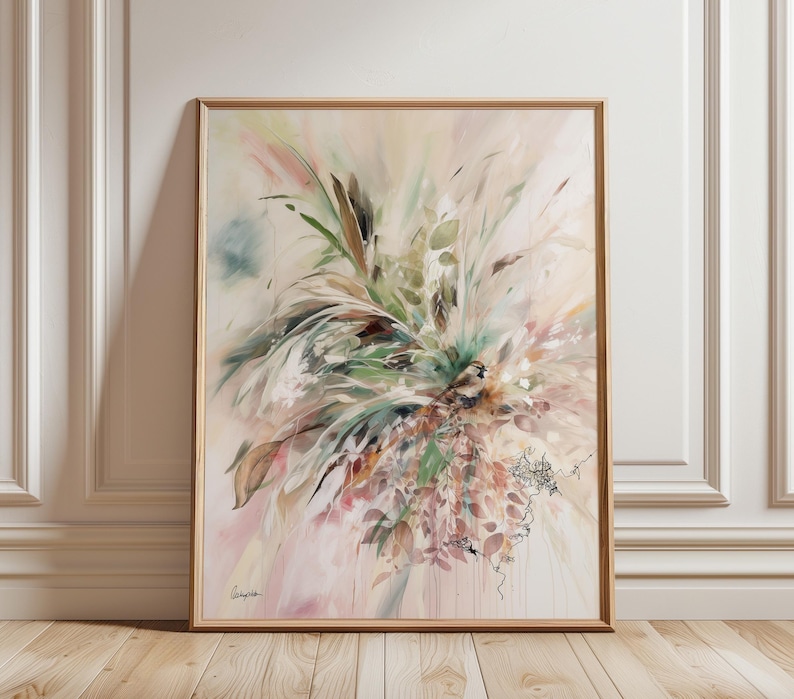 Nature Wall Art Canvas, Soft Colors Oil Painting, Botanical Floral Wall Decor, Large Modern Artwork for Living Room, Pink Japandi Art Print