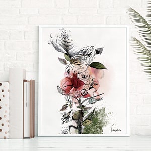 A white framed print of a watercolor painting of a pink and red rose with green leaves and black ink details. The signature 'Rebeccamilito' is in the bottom right corner.