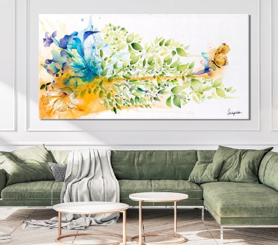 Abstract Floral Art, Large Landscape Painting, Colorful Abstract Painting, Living Room Decor, Green and Orange Art, Modern Wall Art Print