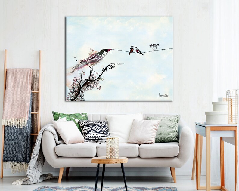 Whimsical Bird Art, Romantic Print, Bird Wall Art, Romantic Wall Art, Whimsical Art Print, Birds on a Wire Wall Art, Bird Artwork image 7