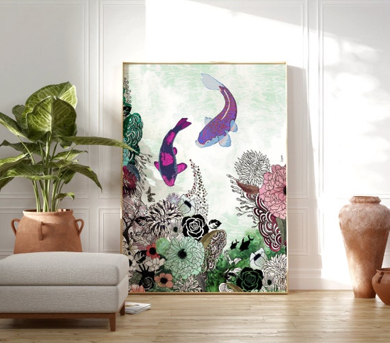 Japanese Wall Art, Koi Fish Art Print, Large Wall Art Canvas, Colorful Fish Painting, Feng Shui Decor, Floral Japandi Art, Housewarming Gift