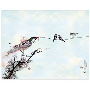 A watercolor illustration of a bird perched on a branch with a worm in its beak. Two other birds are perched on a wire fence with a cat looking on. The background is a light blue sky with clouds.