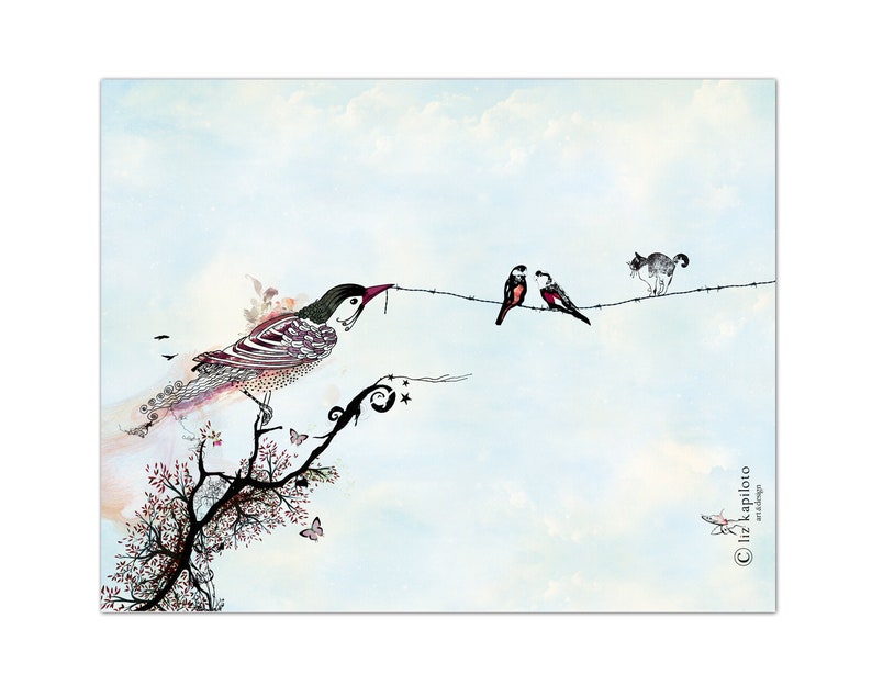 A watercolor illustration of a bird perched on a branch with a worm in its beak. Two other birds are perched on a wire fence with a cat looking on. The background is a light blue sky with clouds.