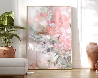 Lámina de pintura abstracta, arte de pared rosa rubor, obra de arte abstracta moderna extragrande, arte de pared en colores pastel claros, arte bohemio para sala de estar
