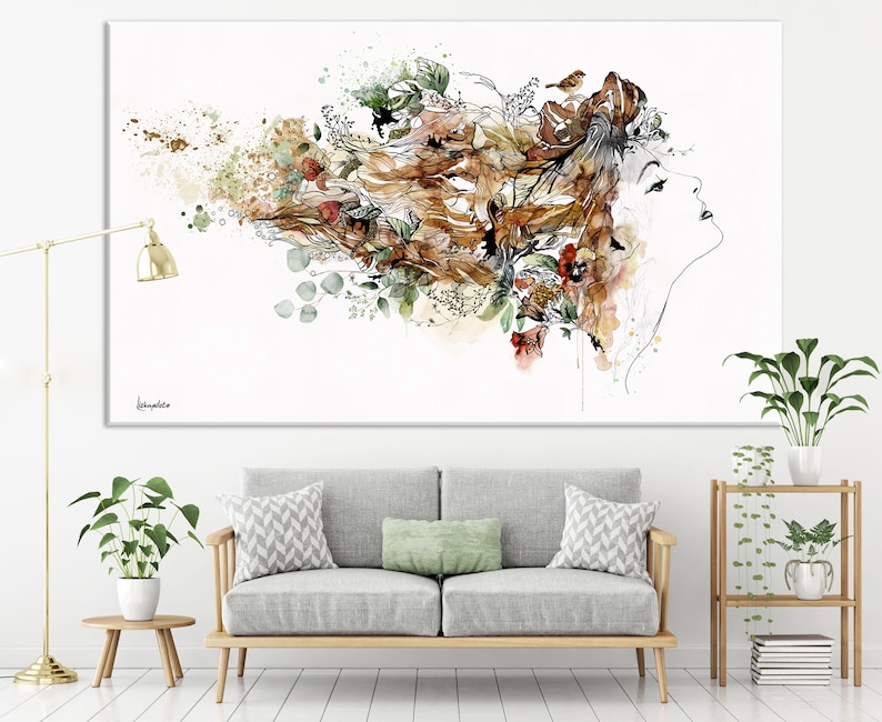 A watercolor painting of a woman's face with flowers and birds in her hair. The background is white with splashes of color.