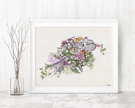 Floral Art Print, Bird and Flowers, Purple and Green Wall Art, Flowers Art, Wall Art Bird, Purple Wall Art, Bird Illustration, Birds Art