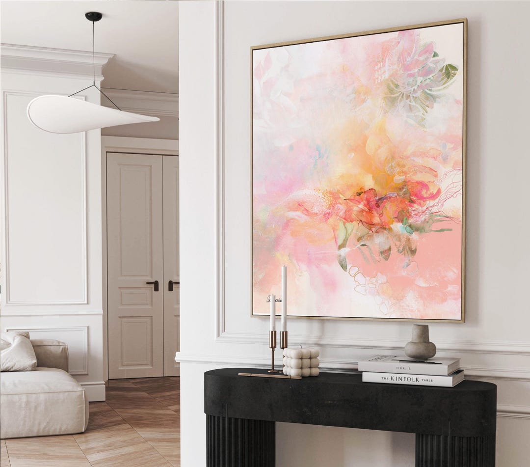 Abstract Painting Colorful Print, Pastel Pink Canvas Wall Art, Coral ...